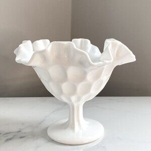 Vintage Milk Glass Thumbprint Bonbon Candy Dish Ruffled Edge Pedestal White 5"